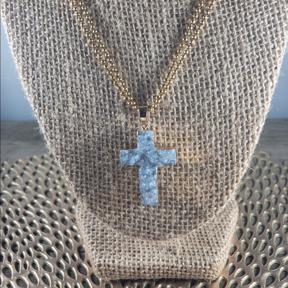 Blue Druzy Cross Necklace
